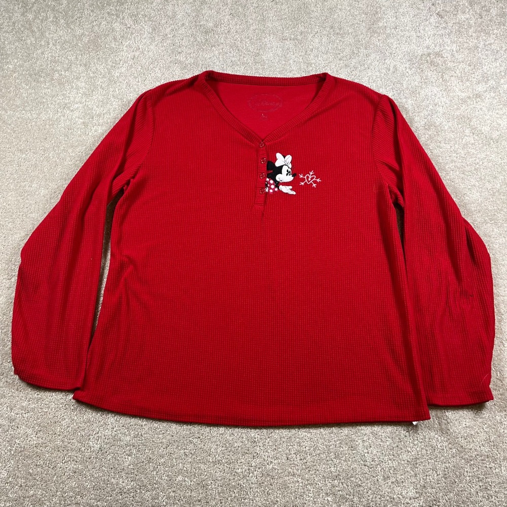 Disney Pajama Top Women Large Red Minnie Mouse Waffle Knit Henley Thermal Sleeve